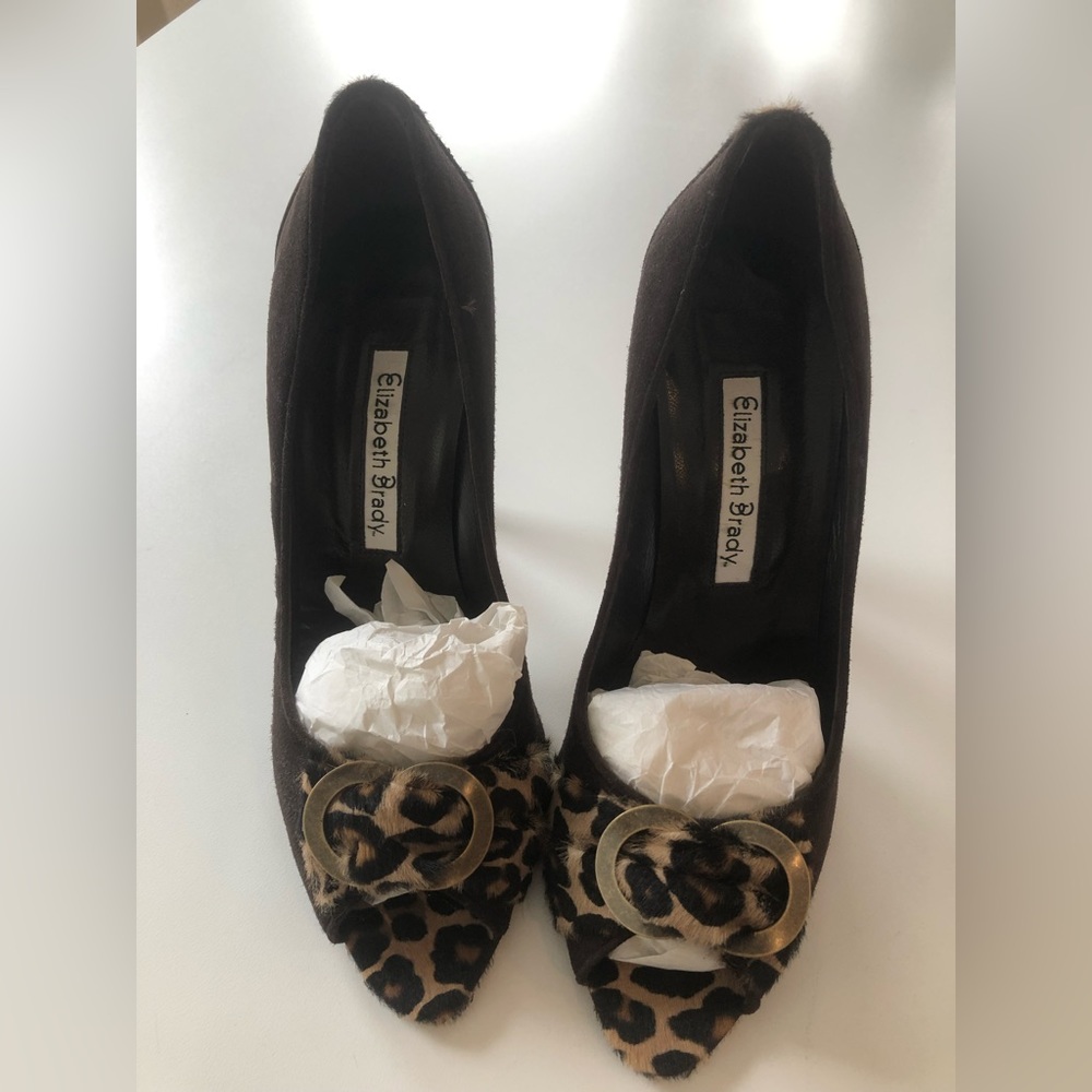 Brand New Elizabeth Brady Cheetah Suede Italian Handmade High Heels Size 38.5
